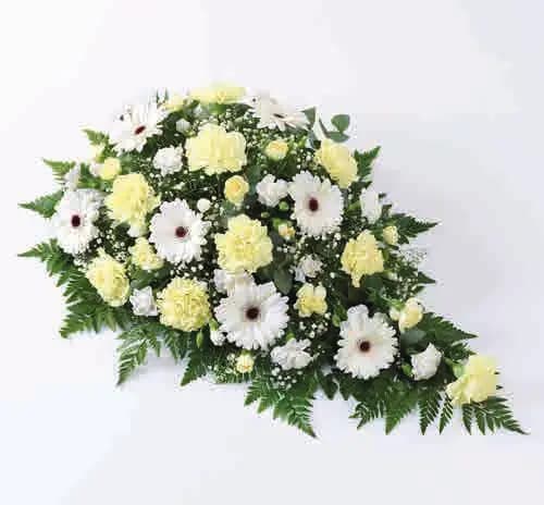 Carnation and germini teardrop spray, yellow and white, from our sprays