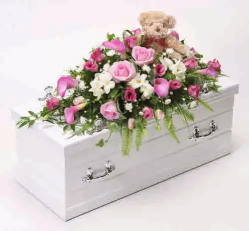 Children’s casket spray with teddy bear, pink, from our children’s flowers