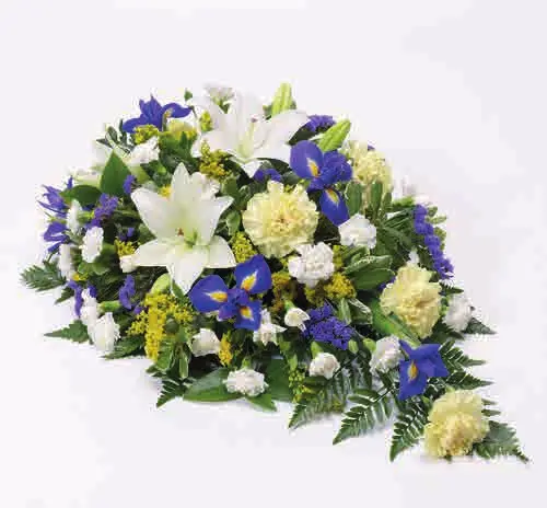 Lily and iris teardrop spray, lemon and blue, from our sprays