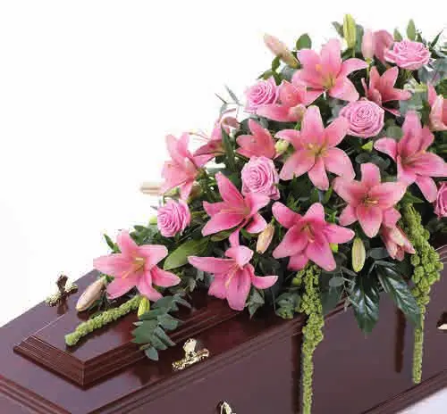 Lily and rose coffin spray, pink, from our coffin sprays and garlands