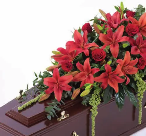 Lily and rose coffin spray, red, from our coffin sprays and garlands