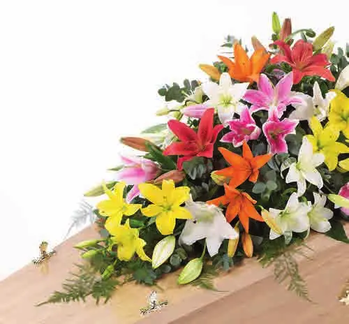 Lily coffin spray, vibrant, from our coffin sprays and garlands