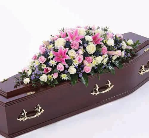 Rose and carnation coffin spray, pink, from our coffin sprays and garlands