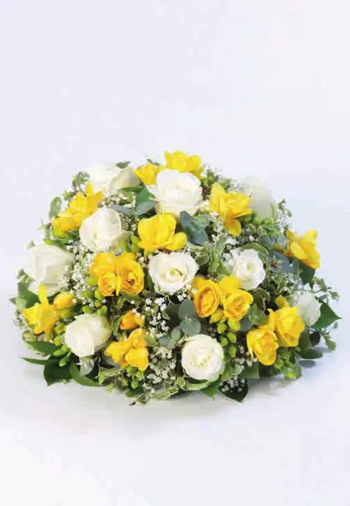 Rose and freesia posy, yellow and white, from our posies
