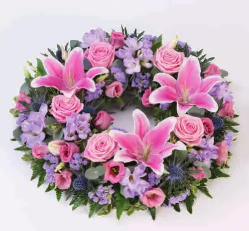 Rose and lily wreath, pink and lilac, from our wreaths