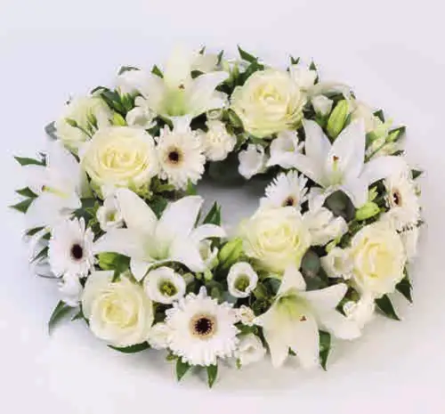 Rose and lily wreath, white, from our wreaths