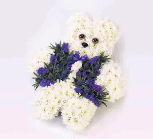 Teddy bear tribute, blue, from our children’s flowers