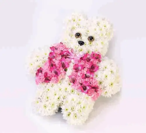 Teddy bear tribute, pink, from our children’s flowers