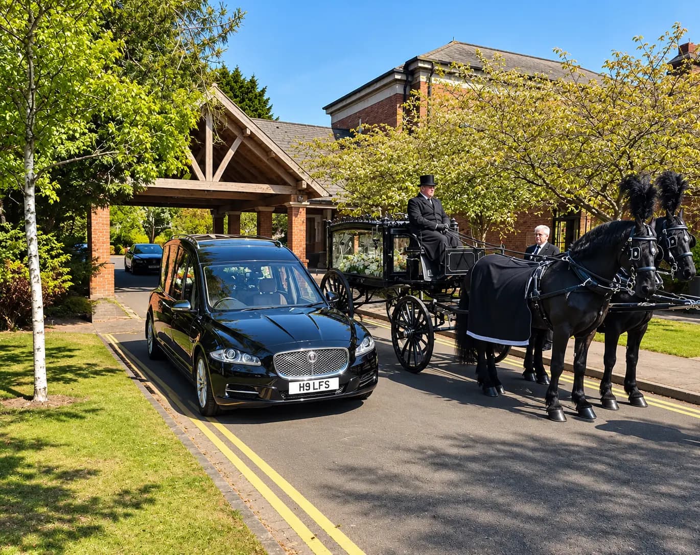 The black carriage and pair beside the hearse at a crematorium