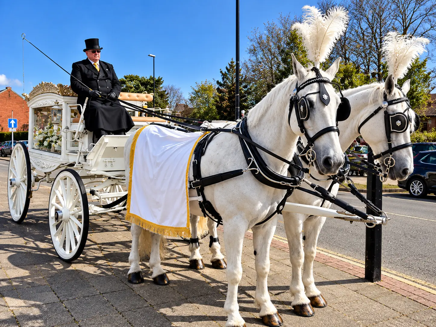 A white pair with white plumes beside the white glass carriage, the driver in a top hat