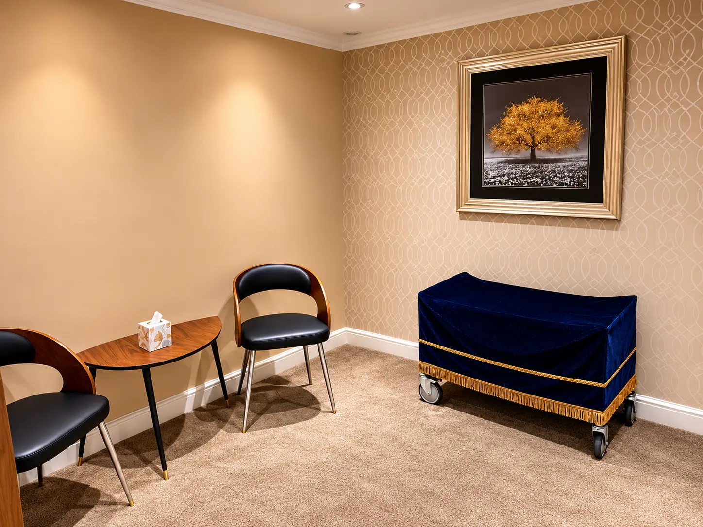 A private resting suite, with a bier draped in blue