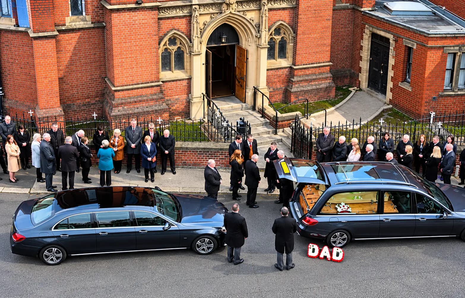 The hearse and a limousine outside a church, with mourners gathered