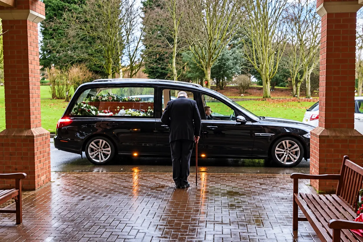 The hearse at a crematorium, seen from under the canopy in the rain